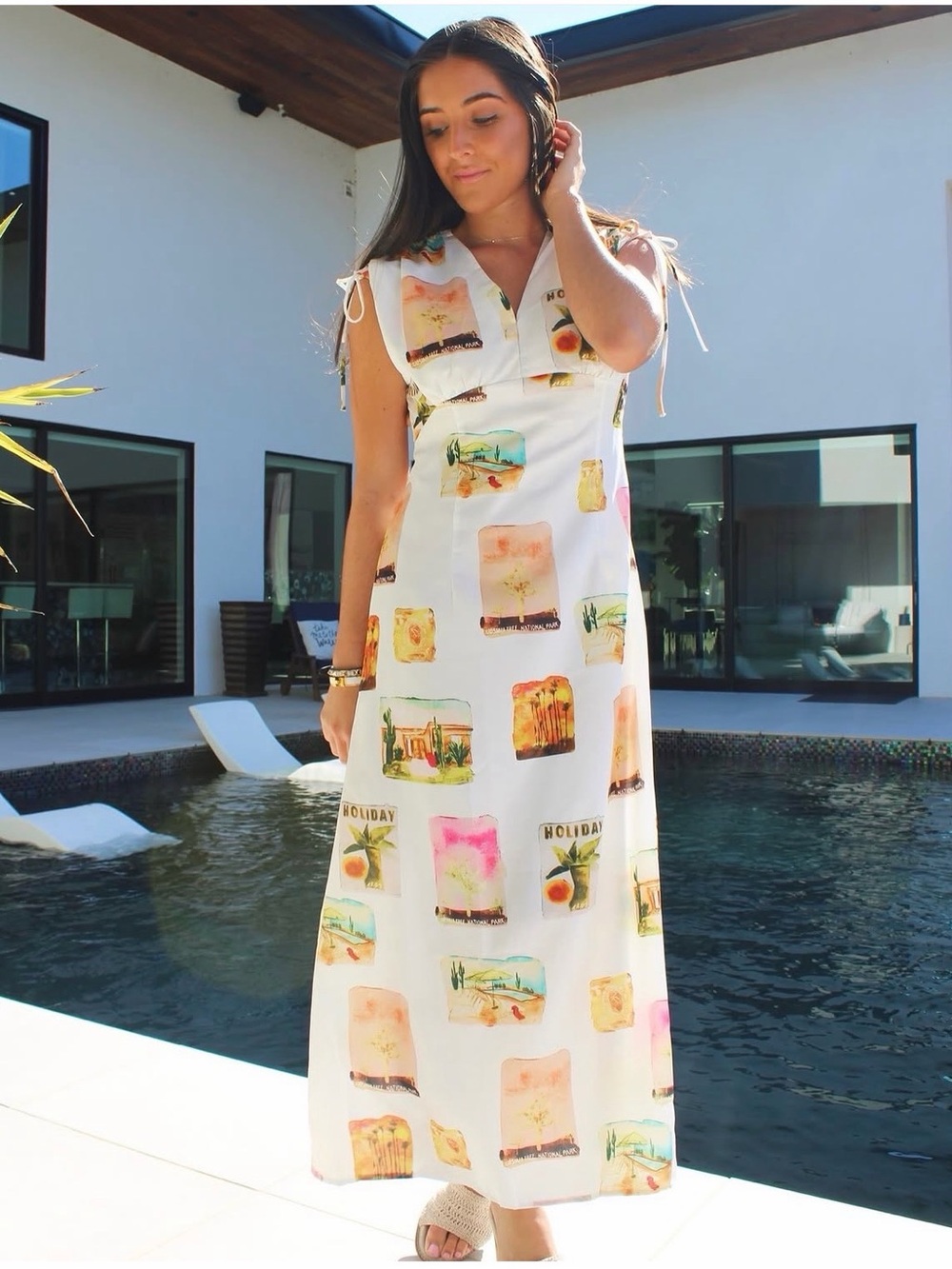 V-Neck Maxi Dress Vacation Print Sleeveless High Waist Summer Size M